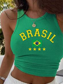 SHEIN Unity Women's Y2K Brazil Flag 'BRASIL' Printed Tank Top Graphic Tees Women Tops