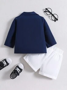 嬰兒男童3入組套裝：翻領短袖襯衫 + 休閒短褲 + 翻領長袖西裝外套 - 寶藍色 - 查看 2