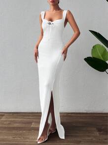 RueChic Women's Textured Fabric Long Front Knot Summer Cami Dress - White - View 4