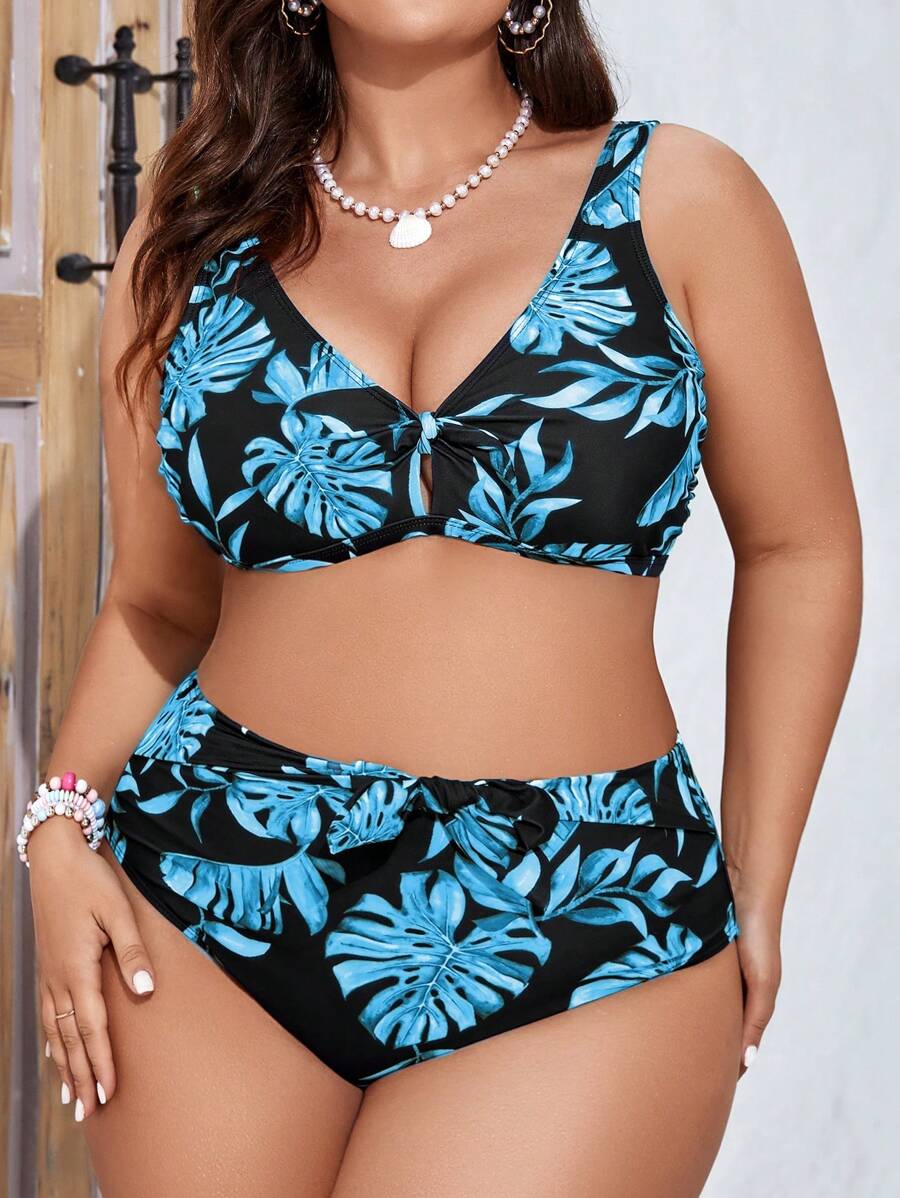 SHEIN Swim Curve Bộ bikini in họa tiết nhiệt đới cỡ lớn cho bãi biển mùa hè - Màu xanh lam - Xem 1