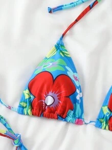 Conjunto de bikini sexy de mujer con estampado floral, cuello de halter con lazo, para vacaciones de verano