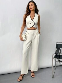 Aveloria Modichic Conjunto de 2 piezas de traje formal de dama de oficina con chaleco y pantalones con ribete contrastante y solapa con botones - Beis - Ver 5