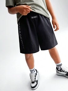 SHEIN Tween Boy Knit Solid Color Letter Print Design Drawstring Shorts With Pockets