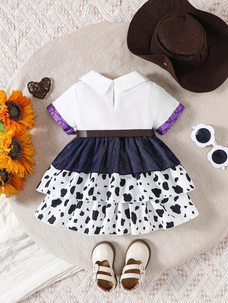 4pcs Western Cowboy Style Outfit Set Including Short Sleeve T-Shirt, Cowgirl Skirt, Denim Hat And Belt
