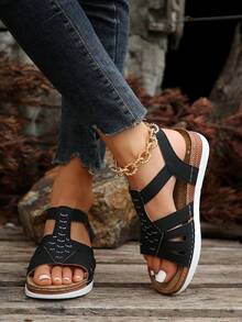 Mùa Hè Mới Đính Kim Cương Nữ Thương Mại Thoải Mái Thời Trang Plus Kích Thước Đế Xuồng Gót Đế Có Dây Co Giãn - màu đen - Xem 3