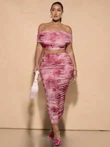 SHEIN BAE Retro Romantic All-Over Floral Print Two-Piece Set. Off Shoulder Strapless Pleated Mesh Top And Pleated Mid-Length Skirt. Elegant Women's Two-Piece Set Suitable For Dates, Vacations And Birthday Parties. - Pink - View 1