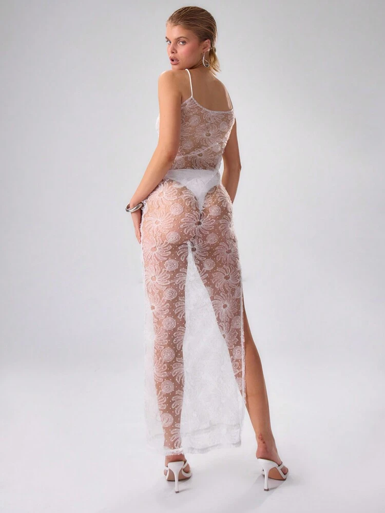 Sheer Floral Strappy Cami Maxi Dress Sexy Spring Summer Going Out Long Dress Elegant Bridal Hen Do Bachelorette Wedding