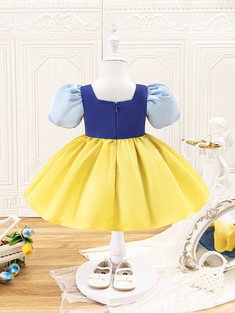 Baby Girl Cute Princess Dress Colorblock Puff Sleeve Square-Neck Overall Dress