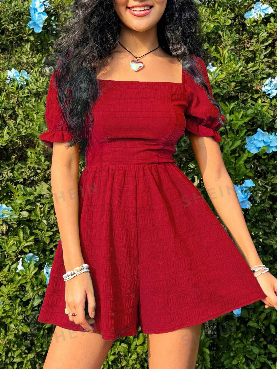 Soleia Mameluco de manga abullonada con cuello cuadrado de unicolor para damas, perfecto para vacaciones de verano