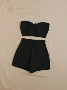 Soleia Summer Solid Texture Bandeau Top And High-Waisted Shorts Casual Vacation Two Pieces Set - Black - View 2