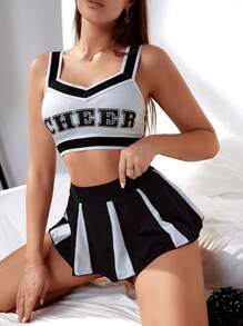 Women's Fashion Color Block Printed Cheerleading Costume (Cheerleader Uniform) - Black and White - View 4
