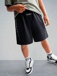 SHEIN Tween Boy Knit Solid Color Letter Print Design Drawstring Shorts With Pockets