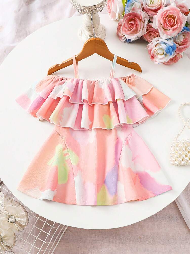 Baby Girl Tie-Dye Spaghetti Strap Dress With Ruffles, Party & Vacation Style, Cute And Fashionable, Summer