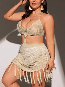 Plus Size Solid Color Hollow Out Summer Cover-Up With Halter & Spaghetti Straps