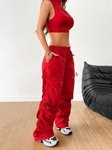 Coolane Set de 2 piezas de top sin espalda asimétrico y pantalón cargo fruncido tipo streetwear de baloncesto para mujer