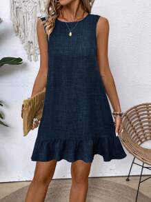 Breezaya Women's Summer Solid Color Sleeveless Round Neckline Elegant Dress With Ruffled Hemline Vacation Beach Outfit