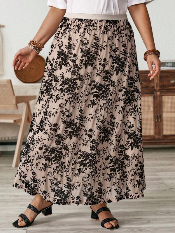 EMERY ROSE Ropa de maestra de talla grande para mujer, falda larga elegante y casual con estampado floral de encaje completo