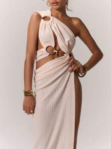 MUSERA Asymmetrical Neck Ring Detail Cut Out Slit Thigh Maxi Dress Elegant Spring Vacation Summer Going Out Long Dress - Beige - View 5