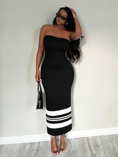 SHEIN x Marika Sila SHEIN SXY Sexy Elegant Casual Holiday Vacation Summer Black And White Stripe Colour Contrast Summer Maxi Long Dress For Women