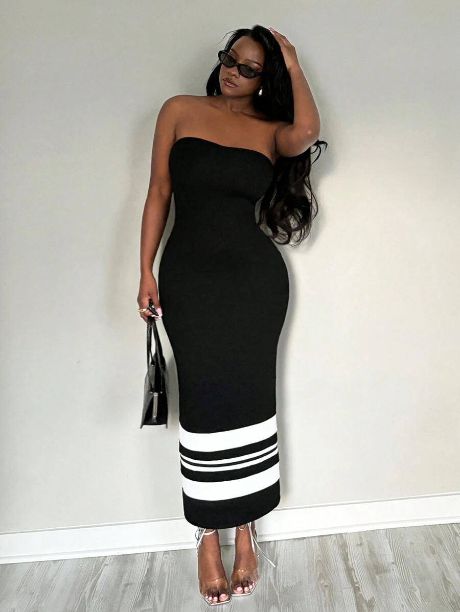 SHEIN x Marika Sila SHEIN SXY Sexy Elegant Casual Holiday Vacation Summer Black And White Stripe Colour Contrast Summer Maxi Long Dress For Women - Multicolor - View 1