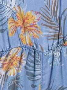 SHEIN Young Girl Blue Denim Effect Jumpsuit With Floral Pattern - Light Wash - View 5