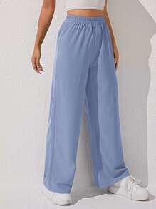 SHEIN PETITE Pantalones de pierna ancha sueltos y de unicolor de moda para mujeres para el verano - Azul - Ver 5