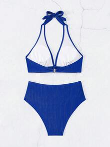 女士實色露背頸帶性感比基尼套裝，適用於度假 - 藍色 - 查看 6