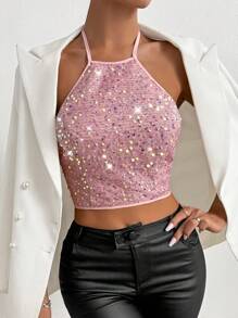 Allurite Top brillante sin espalda con ataduras en la espalda para mujer, perfecto para festivales de música en verano y ropa para fiestas de vacaciones