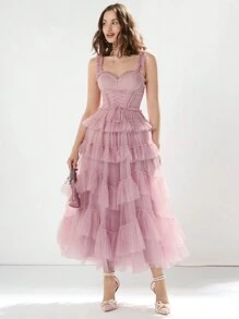 Enchnt 女士夏季時尚純色網眼荷葉邊交叉綁帶收腰無袖連衣裙 - 粉色 - 查看 3