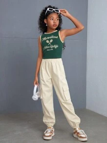 SHEIN Conjunto de Blusa sem Manga de Malha com Gola Redonda e Calça de Moletom de Cor Lisa Tecida na Moda para Meninas Adolescentes para a Primavera/Verão