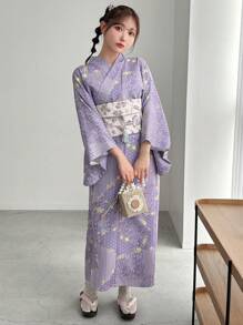 FRIFUL Japanese Style Elaborate Printed Yukata With Woven Jacquard Obi Belt And Fringed Belt Set, Upgraded Yukata