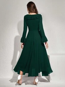 Modelyn 女式纯色长袖荷叶边 A 字裙 春夏季长款晚礼服 - 墨綠色 - 查看 2