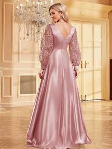 XUIBOL Váy dạ hội trang trọng cổ chữ V tay dài bằng vải satin chắp vá đính hạt cho nữ (được tô điểm nhiều) Váy dự tiệc cưới thanh lịch cho khách dự tiệc tối, tốt nghiệp, tiệc tối - Hồng - Xem 8