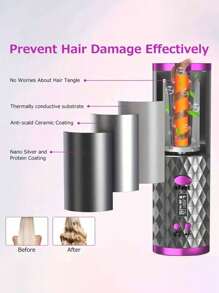 自動捲髮器，無線自動捲髮器，帶有6種溫度和定時器的陶瓷旋轉捲髮器，便攜式可充電捲髮棒，自動關機，快速加熱捲髮器，適用於造型 - 灰色 - 查看 8