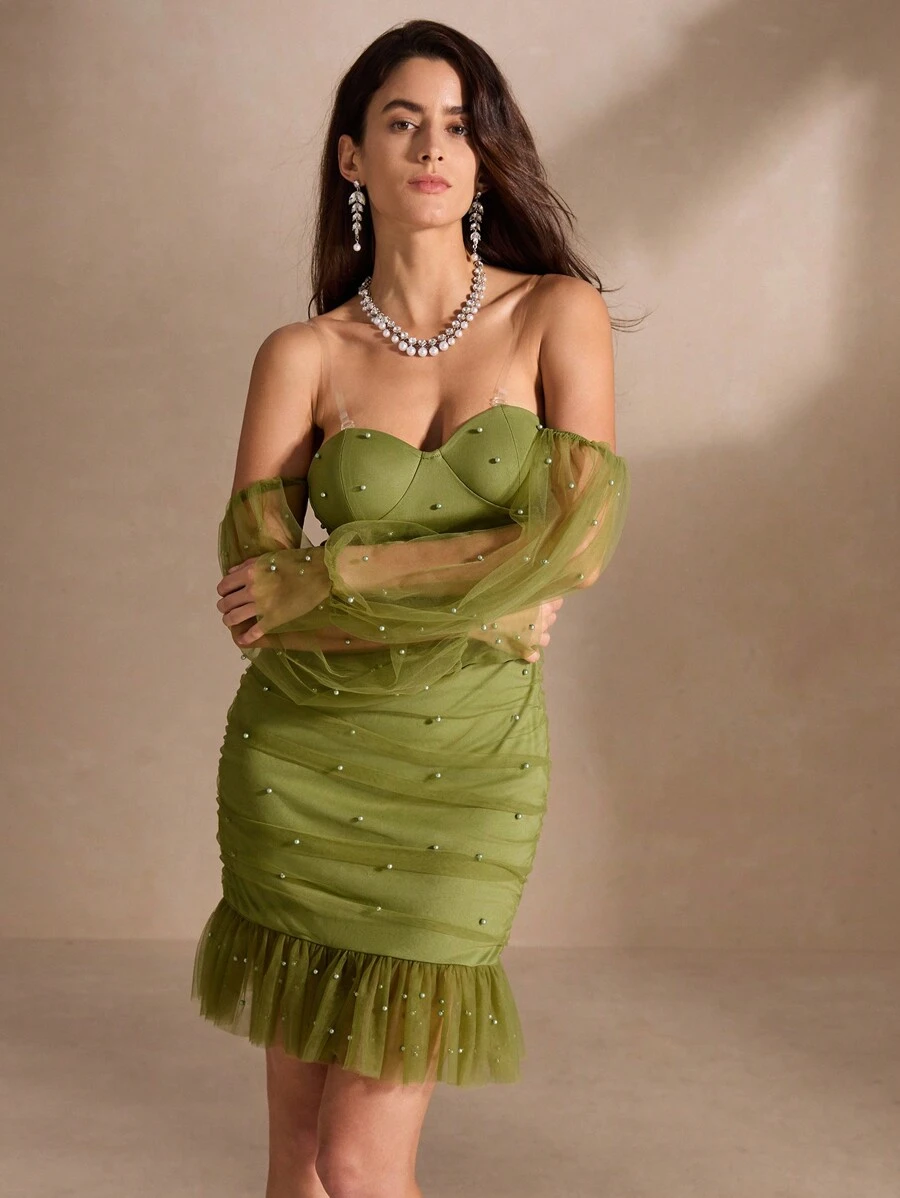 Anewsta Customized Women's Ruffle Ruffle Mesh Lantern Sleeve Party Dress - Green - View 1