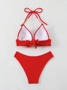 SHEIN Swim 1 件简约纯色比基尼夏季 - 紅色 - 查看 2