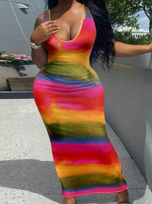 INAWLY Plus Size Women's Tie-Dye Sleeveless Bodycon Casual Dress For Summer