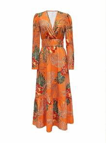 Vestido de vacaciones informal con estampado tropical, mangas de farol y cintura ceñida para mujeres; Camiseta elegante de estilo bohemio con gráfico de festival de música