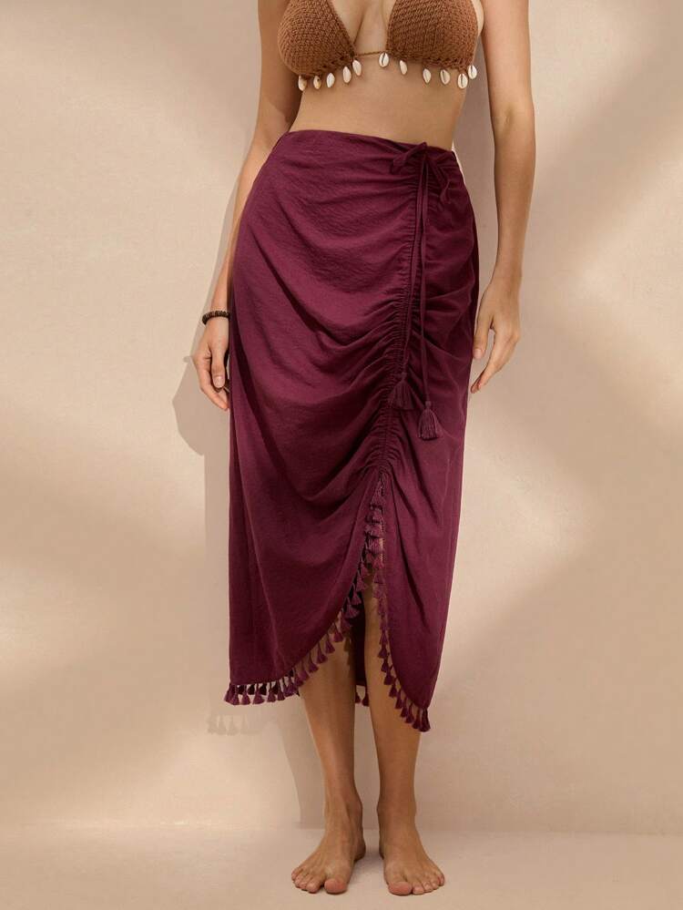 Women's Solid Color Split Hem Tassel Summer Skirt