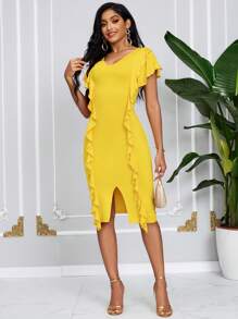 SHEIN Lady Vestido de verano amarillo para mujer, vestido de falda con ribete de volantes divididos - Amarillo - Ver 3