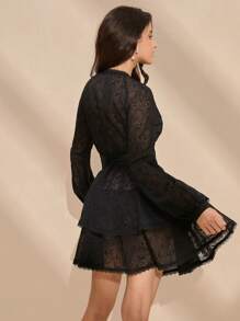 Anewsta 女式深 V 领腰带灯笼袖休闲长袖连衣裙长款女装 - 黑色 - 查看 3