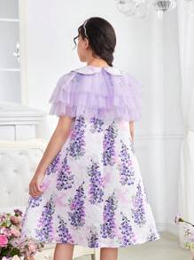 SHEIN DRMZ Tween Girl Tween Girl Cute Loose Collar A-Line Dress With Layered Ruffled Mesh Top 2pcs Set - Purple - View 2