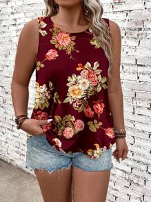 EMERY ROSE Summer Casual Flower Pattern Jumpsuit, Plus Size Women's Tank Top And Top