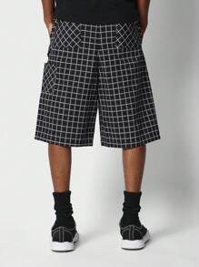 SUMWON Loose Fit Baggy Checked Cargo Short - Black and White - View 4