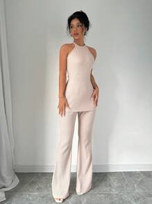 Elenzga Traje de mujer sin mangas en tono sólido con cuello colgante