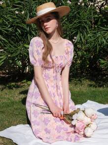 Elegant Floral All-Over Print Puff Sleeve Cinch Waist Summer Dress - Purple - View 4