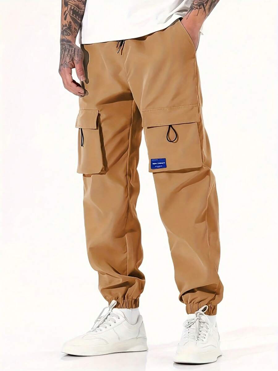 Men Letter Patched Detail Flap Pocket Drawstring Waist Cargo Pants - Khaki - View 1