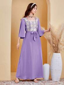 SHEIN Vestido casual de cuello cuadrado y encaje con remiendos tejidos para adolescente - Púrpura polvoriento - Ver 3