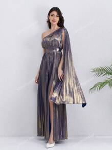 Women's Solid Color Metallic Fabric, Heavy Pleated Single Shoulder, Paired With Balloon Sleeves A-Line High-Low Hem Slit Dress, Suitable For Party/Wedding/Wedding Guest, Luxurious Evening Dresses For Women, Fall Women Clothes