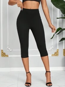 SHEIN Lady Women's Summer Fashionable Rhinestone Sparkle Leggings - Black - View 4